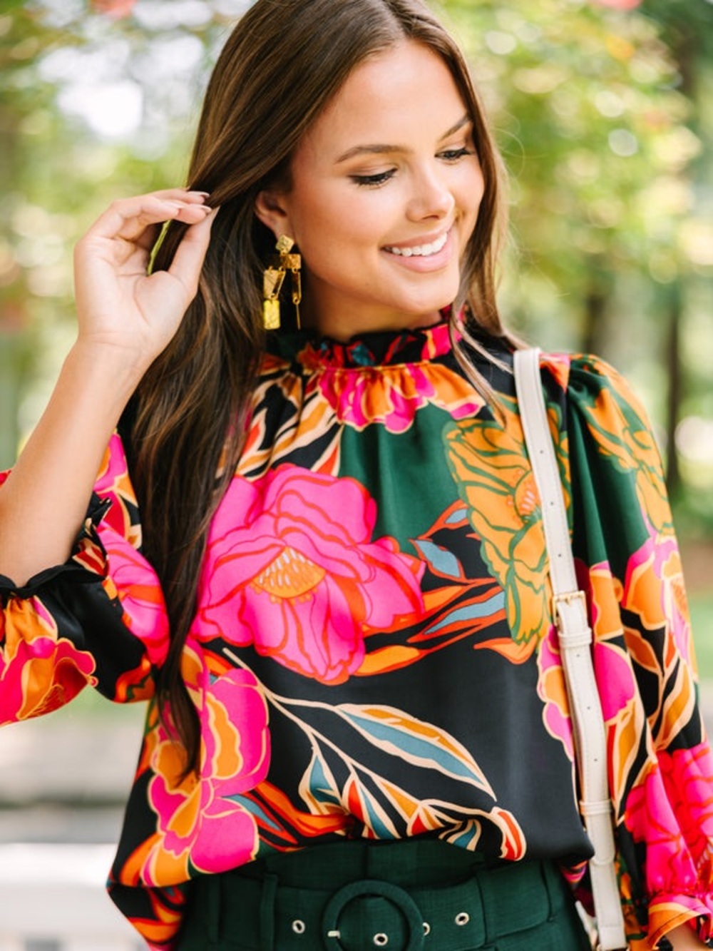 fab'rik Women’s Floral High Neck Ruffle Trim Puff Sleeve Blouse Size L NWT